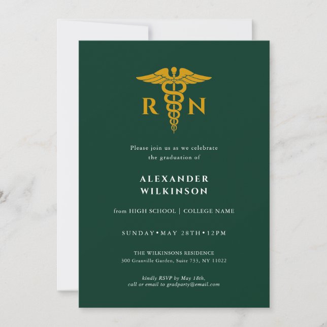 Invitation Green Gold Modern Nurse School Graduation (Devant)