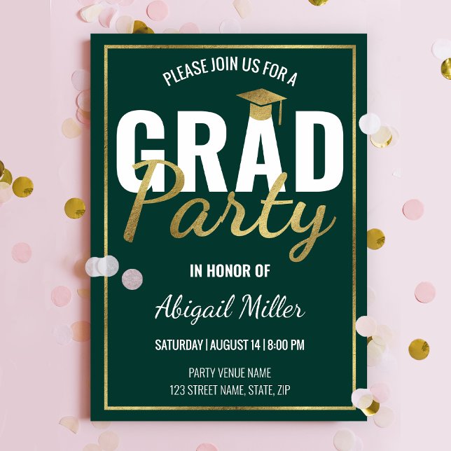 Invitation Green & Gold Modern Script Graduation Party (Créateur téléchargé)