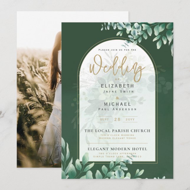 Invitation Green Gold PHOTO Mariage Inviter LeahG (Devant / Derrière)