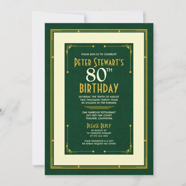 Invitation Green Gold Simple Homme's Classic 80th Birthday (Devant)