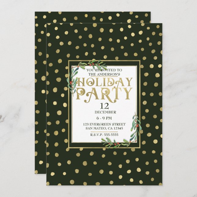 Invitation Green & Gold Snow Holiday Party (Devant / Derrière)
