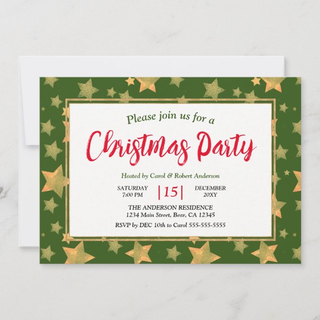Invitation Green Gold Star Élégante fête de Noël Vintage (Devant)