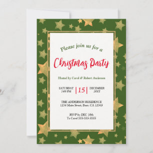 Invitation Green Gold Stars Élégante fête de Noël Vintage