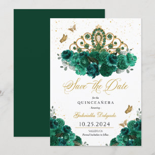 Invitation Green & Gold Tiara Enregistrer La Date Quinceañera