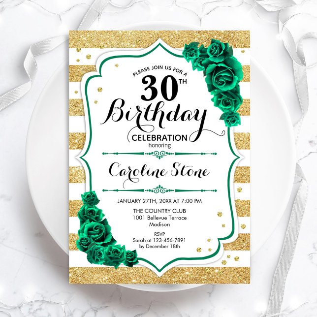 Invitation Green Gold & White Stripes Floral 30e anniversaire (Créateur téléchargé)