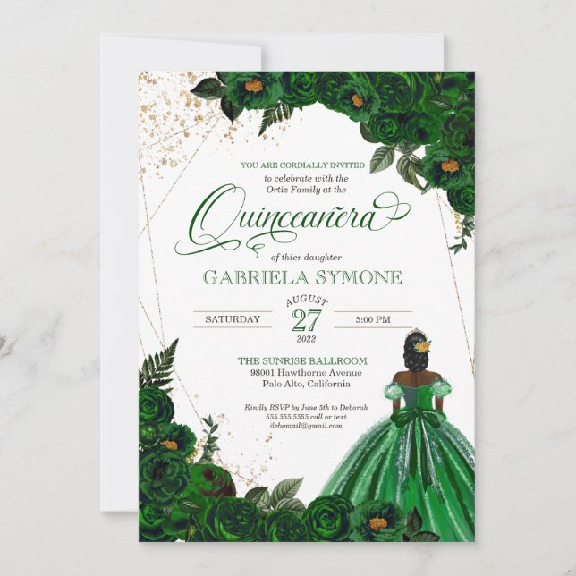 Invitation Green Gown Élégant Rose Afrolatina Quinceanera (Devant)