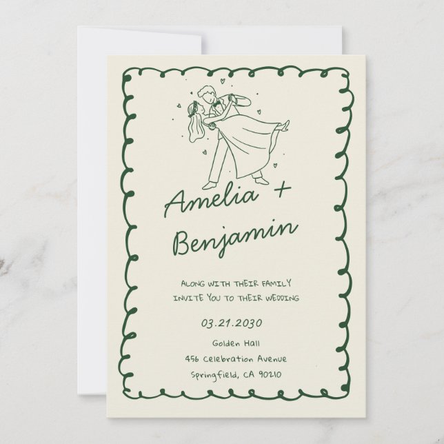 Invitation green hand drawn couple Whimsical Wedding  (Devant)