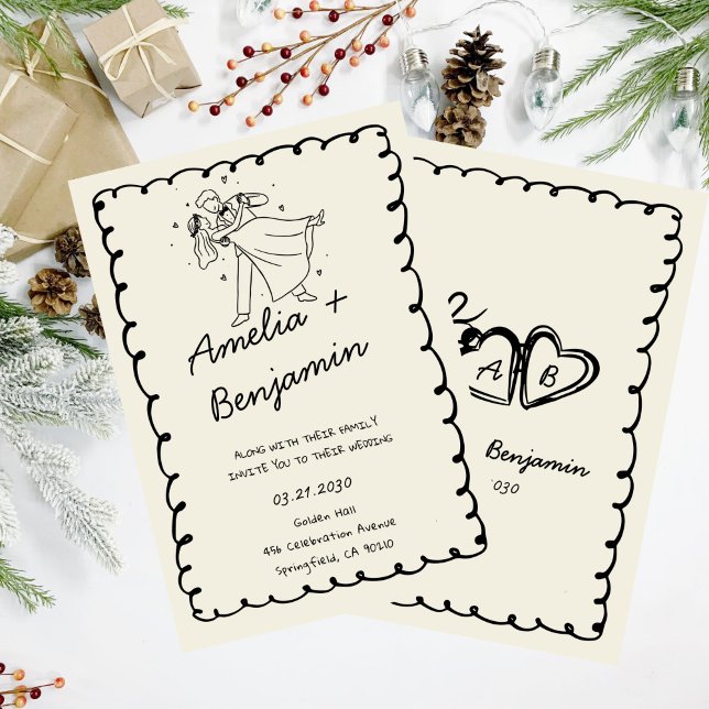 Invitation green hand drawn couple Whimsical Wedding  (Créateur téléchargé)