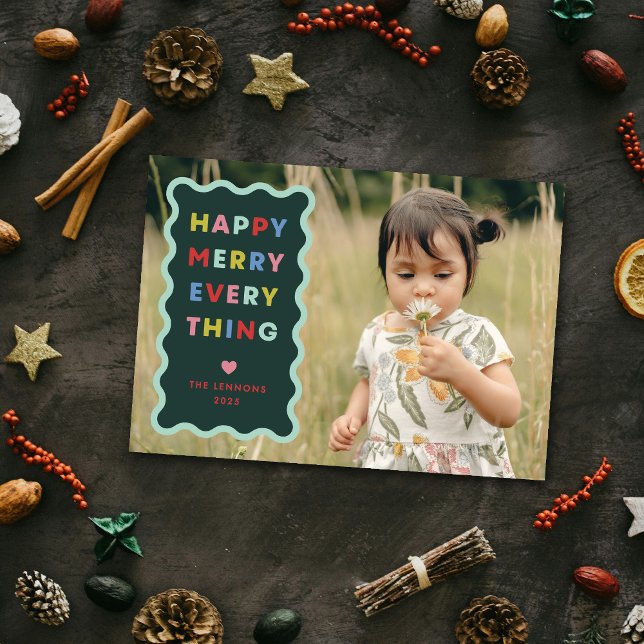 Invitation Green Happy Merry Wavy Christmas Photo Card (Créateur téléchargé)