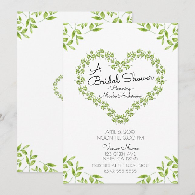 Invitation Green Heart Feuilles Shabby Chic Fête des mariées (Devant / Derrière)