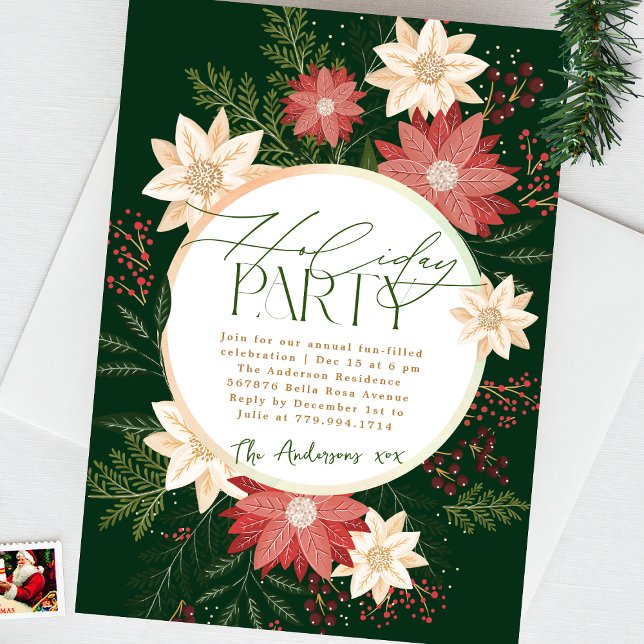 Invitation Green Holiday Party Poinsettia Wreath Splendor (Créateur téléchargé)