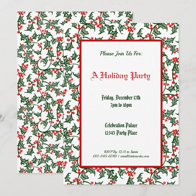 Invitation Green Holly Motif Fête Modifiable 5x7 (Devant / Derrière)