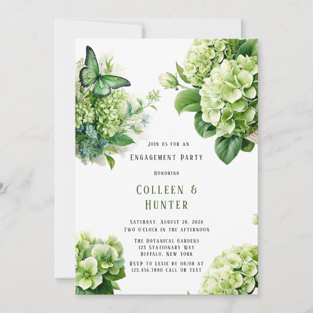 Invitation Green Hydrangea Butterfly Floral Engagement Party (Devant)