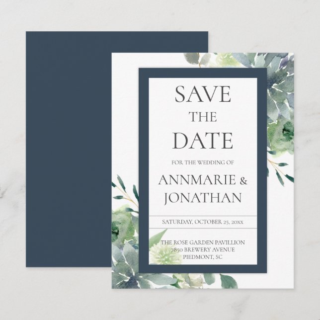 Invitation Green & Indigo Succulents Fleurs blanches Mariage (Devant / Derrière)