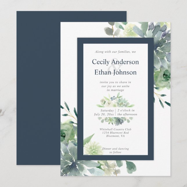 Invitation Green & Indigo Succulents Fleurs blanches Mariage (Devant / Derrière)