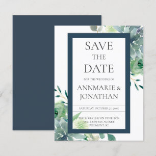 Invitation Green & Indigo Succulents White Flowers Mariage