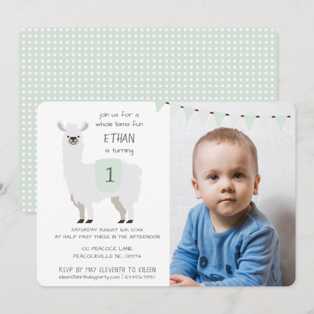 Invitation Green & Ivory Cute Llama Anniversaire de enfant Pa (Devant / Derrière)