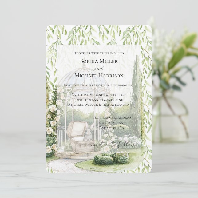 Invitation Green Leaves White Floral Love Bunny Wedding (Debout devant)