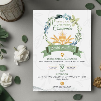 Invitation Green Leaves Wreath First Holy Communion Catholic