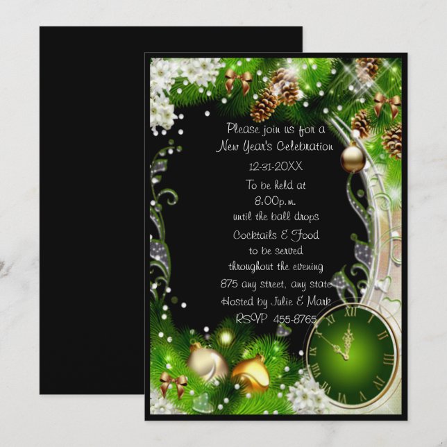 Invitation Green L'horloge frappe 12 fête du Nouvel An (Devant / Derrière)