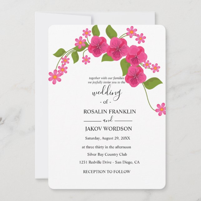 Invitation green & light magenta floral wedding (Devant)