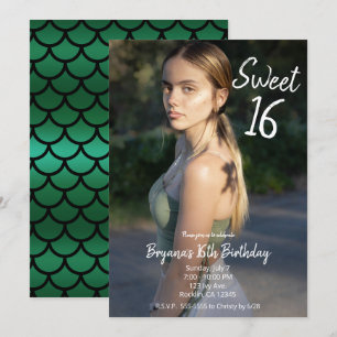 Invitation Green Mermaid Modern Photo Sweet 16 Party   