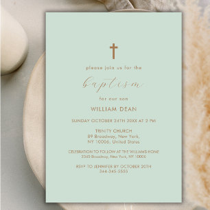 Invitation Green Modern Script Boho Gold Cross Baptême