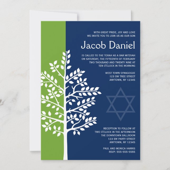 Invitation Green Navy Tree of Life Bar Mitzvah (Devant)