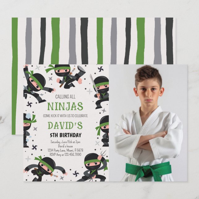 Invitation Green Ninja Guerrier Arts Martiaux Photo Anniversa (Devant / Derrière)