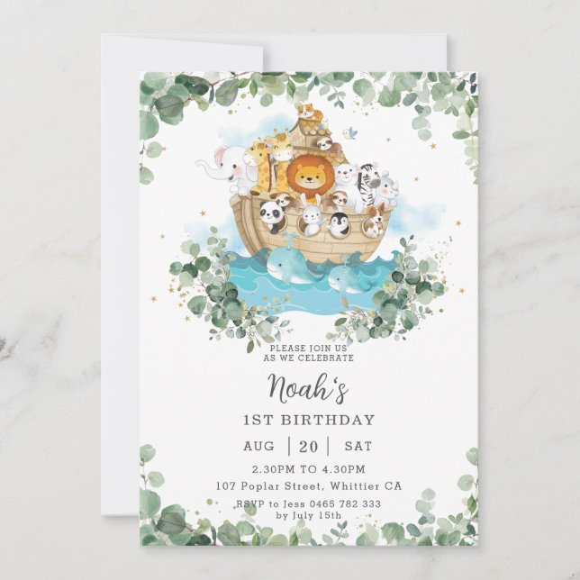 Invitation Green Noah's Ark Genre Neutre Anniversaire (Devant)