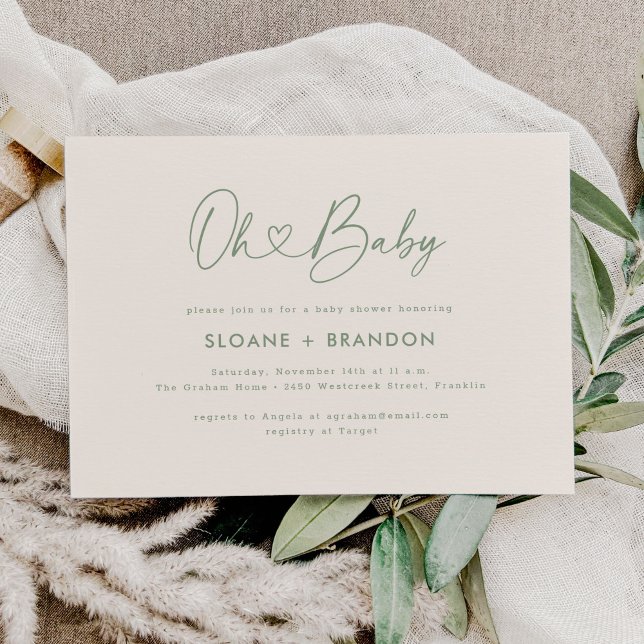 Invitation Green Oh Baby Coeur Calligraphie Baby shower simpl (Créateur téléchargé)
