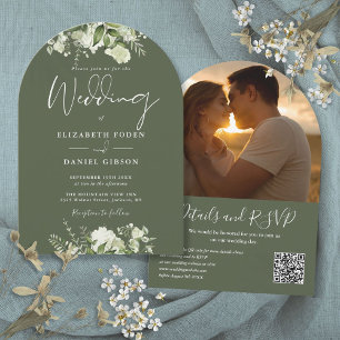 Invitation Green Olive Green QR Code Photo Arch Mariage