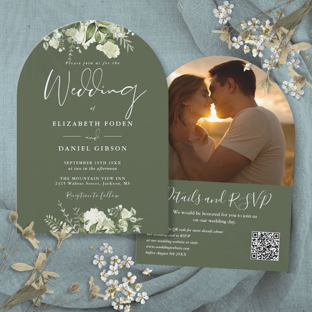 Invitation Green Olive Green QR Code Photo Arch Mariage (Greenery Olive Green QR Code Photo Arch Wedding Invitation)