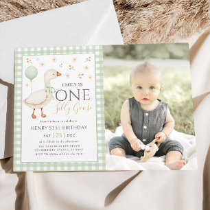 Invitation Green One Silly Goose 1ère photo d'anniversaire