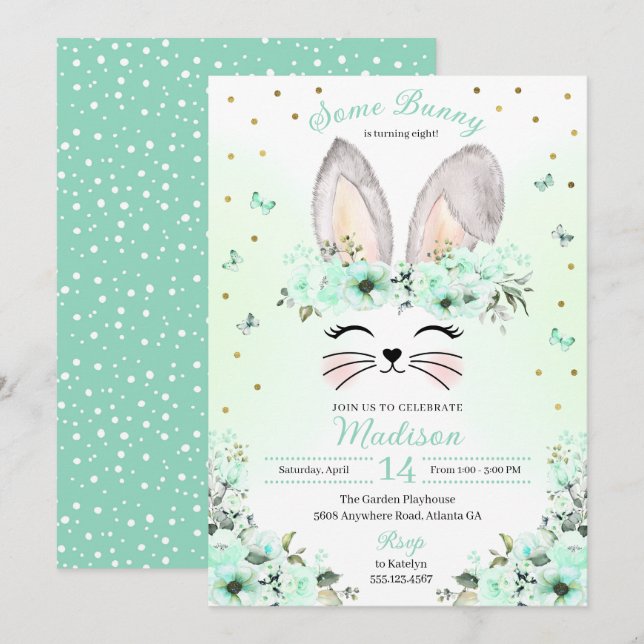 Invitation Green Pâques Lapin Fleur Couronne Anniversaire (Devant / Derrière)