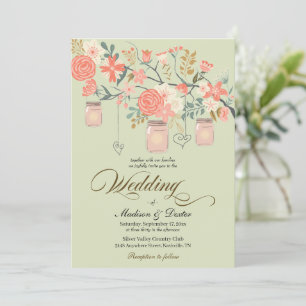 Invitation Green Peach Rustique Mason Jar Mariage