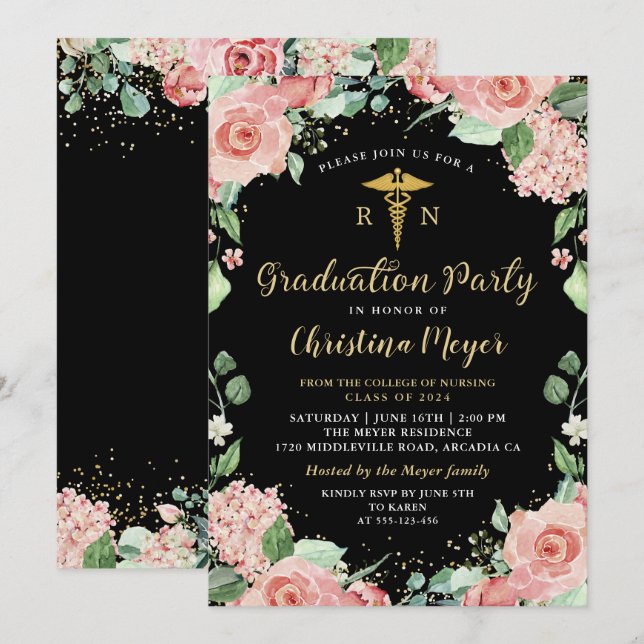 Invitation Green Pink Floral RN Soins infirmiers fête de grad (Devant / Derrière)