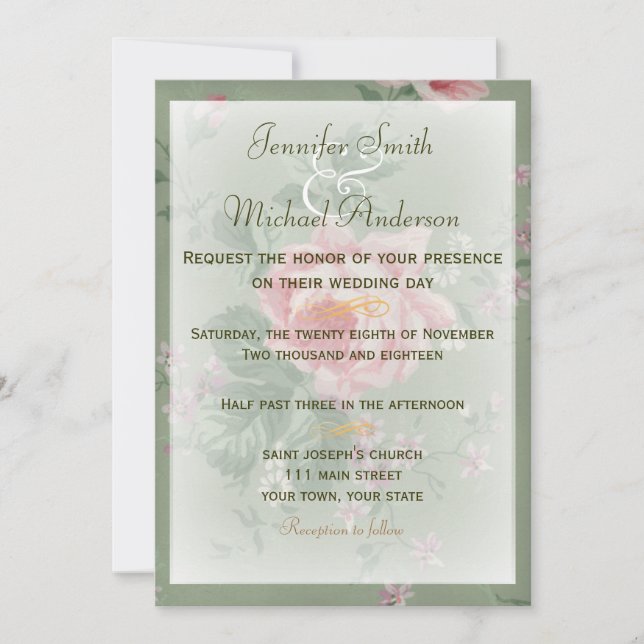 Invitation Green & Pink Rose Simple Wedding (Front)