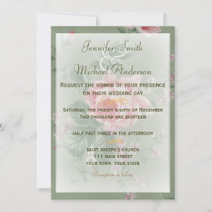 Invitation Green & Pink Rose Simple Wedding