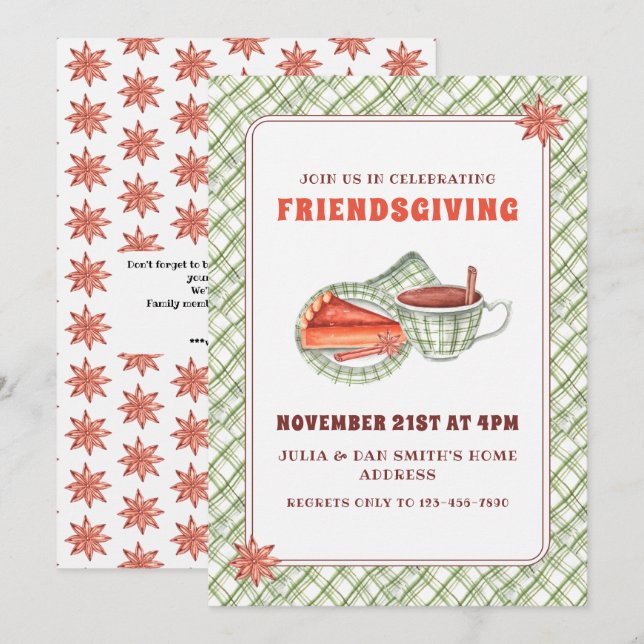 Invitation Green Plaid Citrouille Pie Thanksgiving Amical (Devant / Derrière)