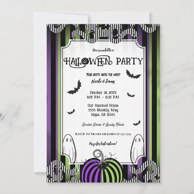 Invitation Green Purple & Black White Stripes Halloween Party (Devant)
