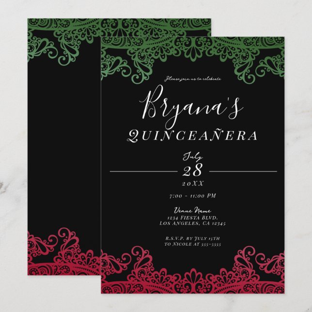 Invitation Green & Red Elegant Black 15e Quinceañera Party (Devant / Derrière)