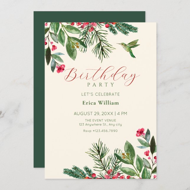 Invitation Green red floral birthday (Devant / Derrière)
