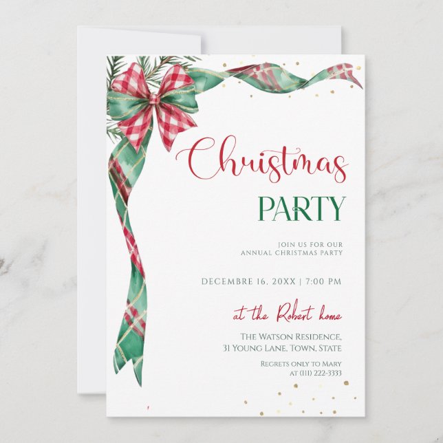 Invitation  Green Red Ribbon Bow Christmas Party  (Devant)