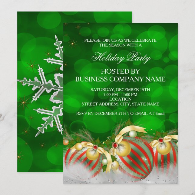 Invitation Green Red Silver Gold Holly Baubles (Devant / Derrière)