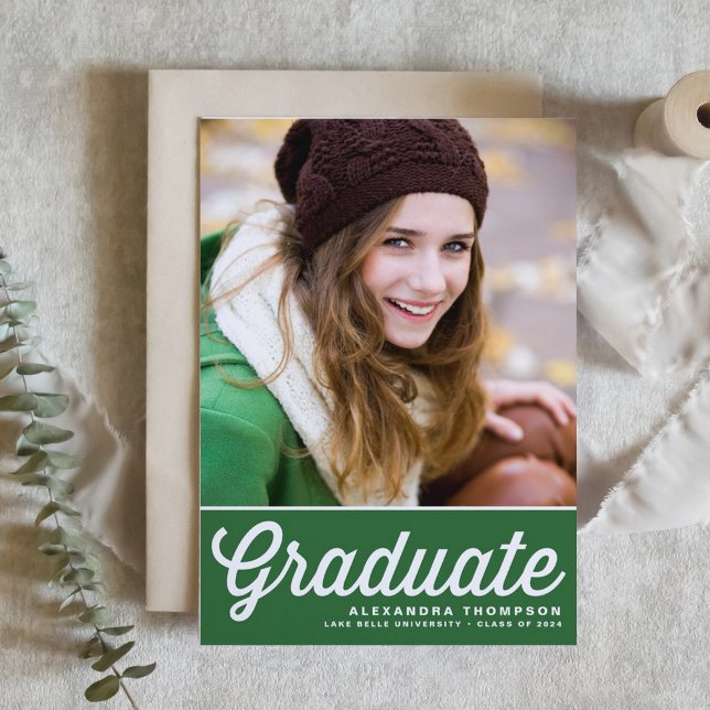 Invitation Green Retro Bold Typographie Photo Graduation (Personalized Graduation Invitation with Retro Lettering on Green Background – Other colors available)