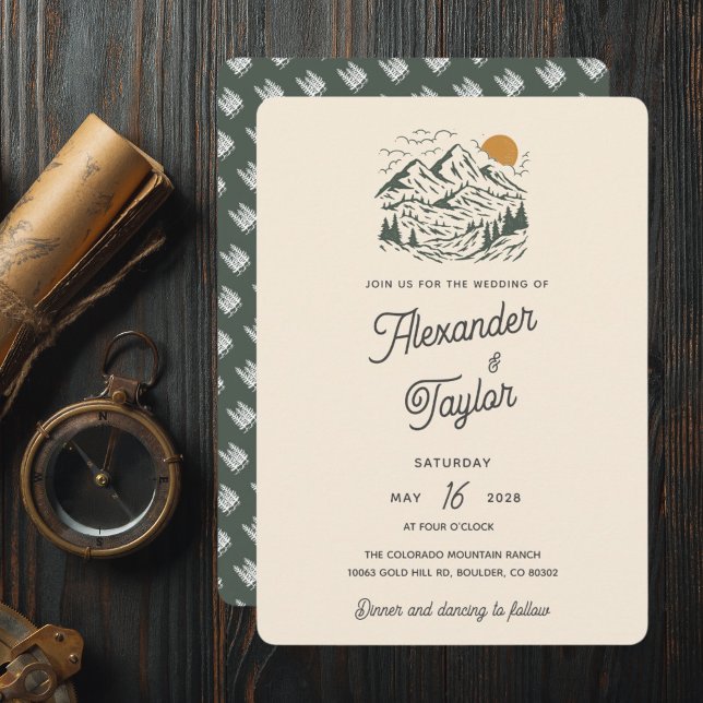 Invitation Green Retro Vintage Mountain Mariage paysager (Créateur téléchargé)