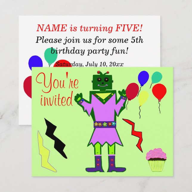 Invitation Green Robot Girl and Balloons Cupcakes Anniversair (Devant / Derrière)