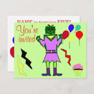 Invitation Green Robot Girl and Balloons Cupcakes Anniversair