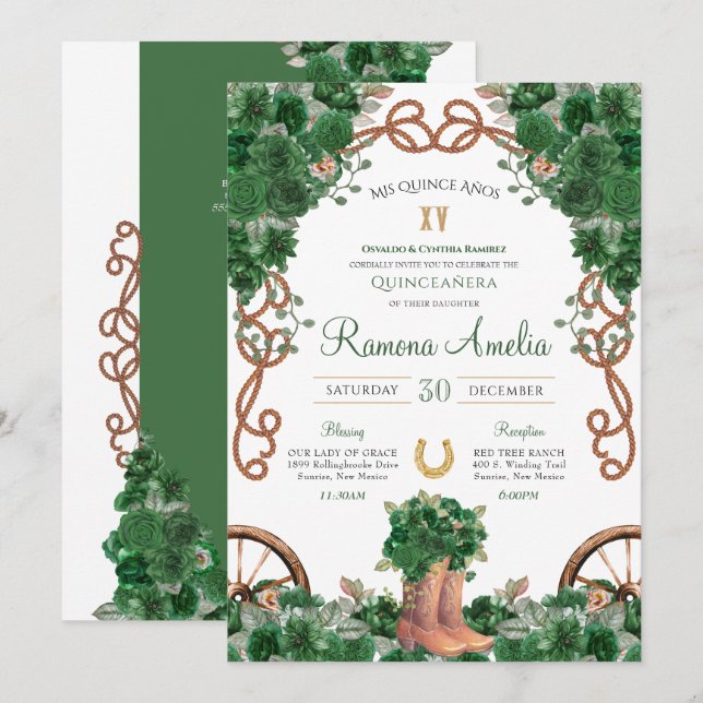 Invitation Green Rustique Ouest Charro Cowboy Boots Quince (Devant / Derrière)